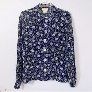 Vintage 80s Christian Dior Navy Floral Blouse Med